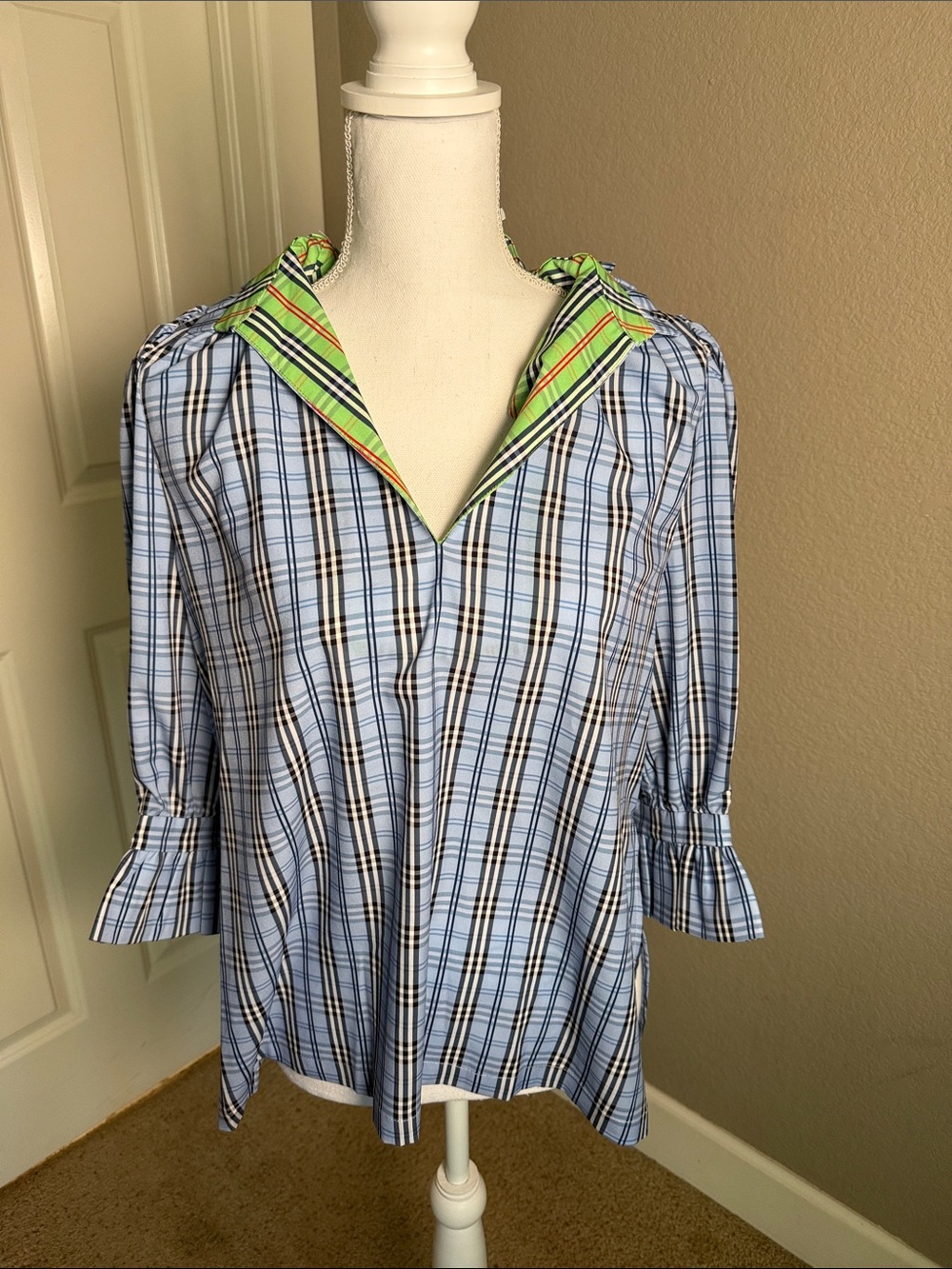 Gretchen Scott Designs Light Blue Plaid Blouse with Lime Trim